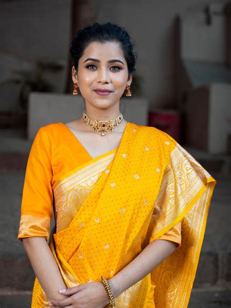 Yellow Golden Siroski Intricate Stone Work Banarasi Mashru Silk Saree ...
