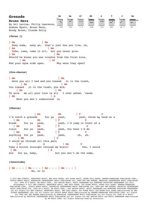 Grenade (arr. Alex Davis) by Bruno Mars Sheet Music for Guitar Chords ...