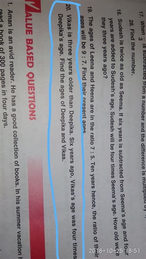 Vikas is three years older than Deepika. Six years ago, Vikas age was ...