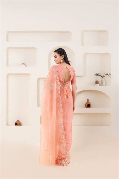 Peach Designer Saree Set with Blouse Piece - Embroidered