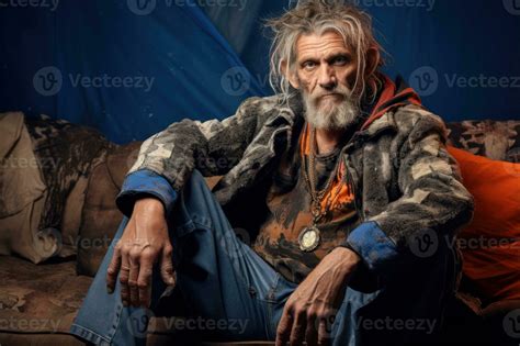 AI generated Homeless person close-up. An unkempt homeless man with ...