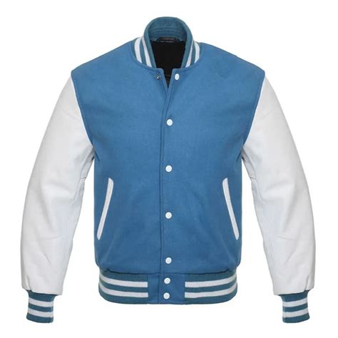 Letterman Varsity Sky Blue and White Woolen Leather Jacket | JM