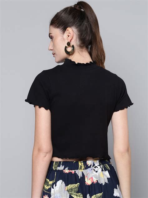 Buy Women Black High Neck Lettuce-Edge Rib Top Online At Best Price ...