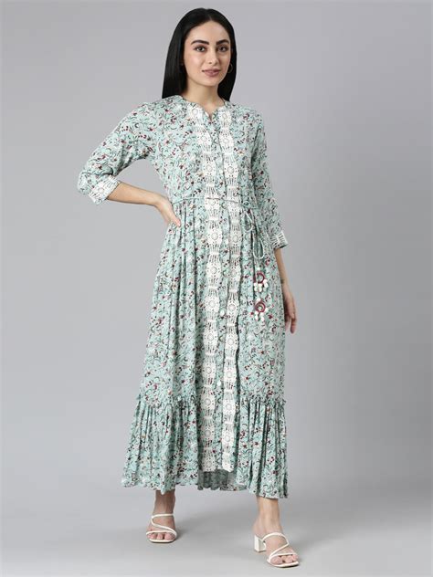 Neerus Green Flared Casual Floral Maxi Dresses – Neerus India