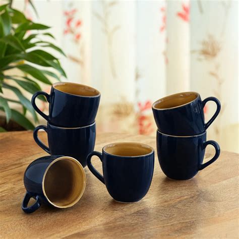 ExclusiveLane 'Mariana Blues' Ceramic Tea Cups (Set of 6, 190 ML, Micr