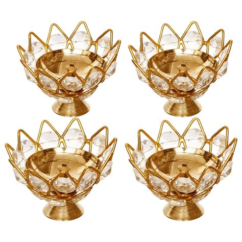 Set of 4 Lotus Shape Crystal Tea Light Holder - eCraftIndia Online