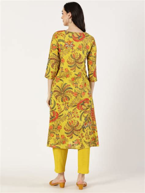 Mustard Floral Print Kurta with Neck Embroidery – Saffron Threads