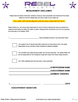 Fillable Online Measurement Disclaimer - Please sign and return to ...
