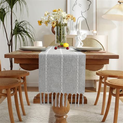 Amazon.com: Linen Rustic Boho Style Table Runner with Handmade Tassels ...