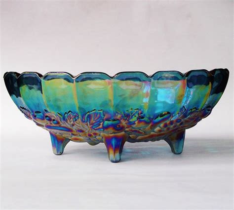 Blue Carnival Glass Fruit Bowl Antique Depression Glass