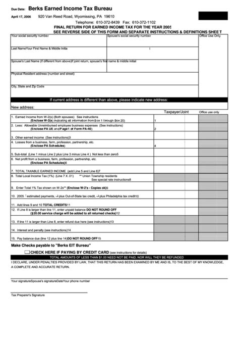 Final Return For Earned Income Tax For The Year 2005 - Berks Earned ...