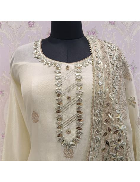 Super rich white silk - Semi stitched concept - Gota patti neck ...