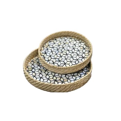 10x2 Inches Home and Hotel Meena Finishing Jute Round Serving Tray Set ...