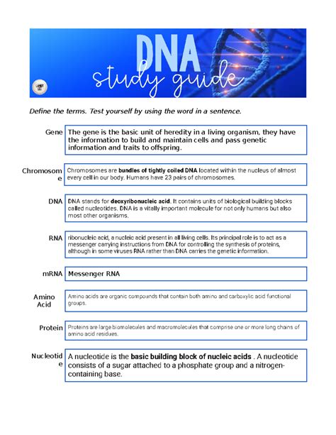 Biology DNA - dna - Define the terms. Test yourself by using the word ...