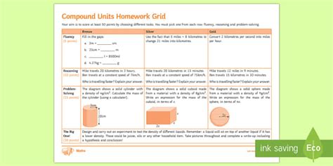 KS3 Compound Units Mastery Homework Grid