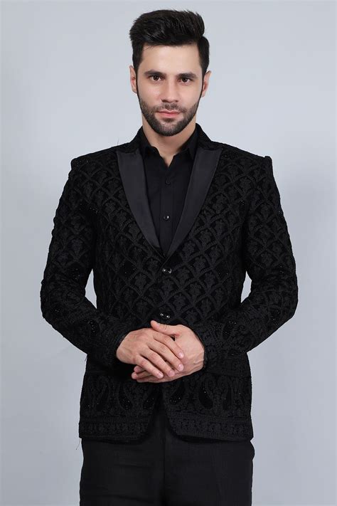 Buy WINTAGE Men's Embroidered Velvet Black Blazer : Black