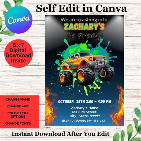 Monster Truck Birthday Party Invitation Template - Monster Truck Kids ...