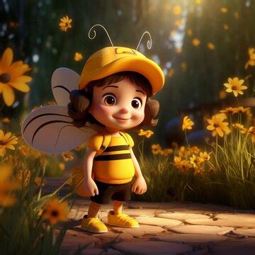 Cartoon character dressed in bee costume standing in a field of flowers ...