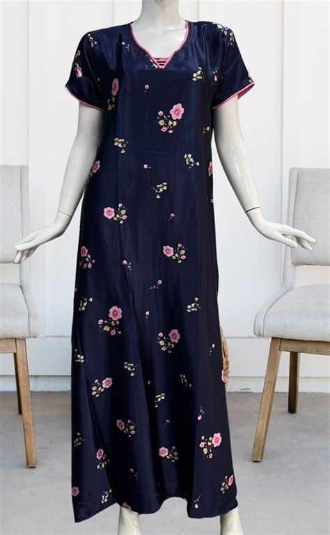 Navy Blue Floral Satin Nighty. Soft Silky Satin | Laces and Frills