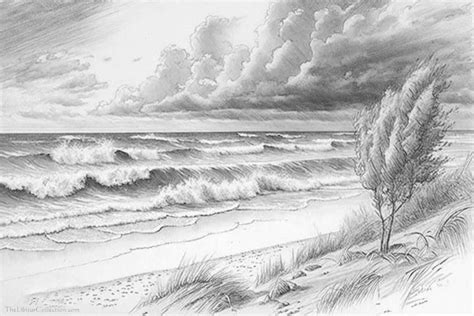 Vintage Coastal Ocean Seascape Landscape Pencil Sketch Beach Drawing ...