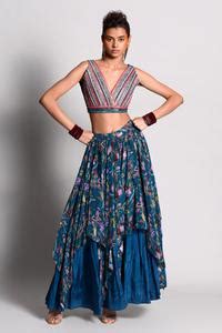 Buy Blue Crop Top And Layered Skirt Set For Women by Rishi and Vibhuti ...