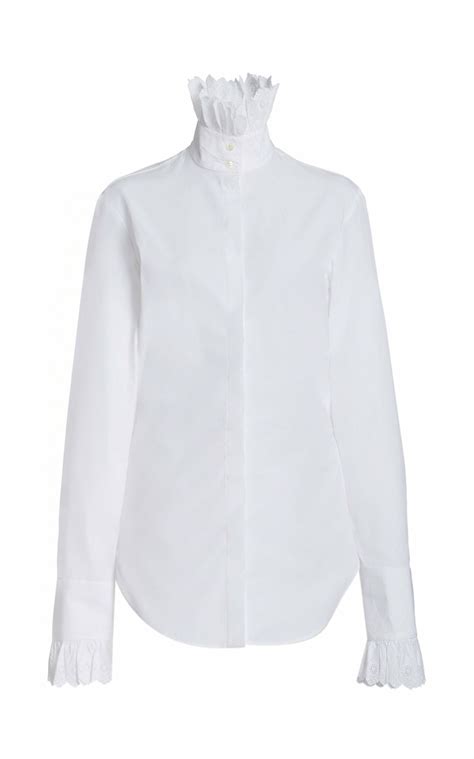 Paco Rabanne Resort'21 Ruffled Cotton Poplin High-Neck Shirt in White ...