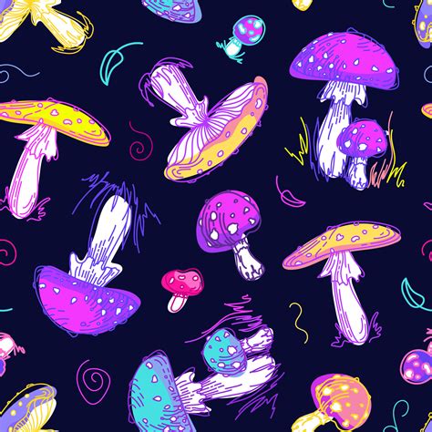 Psychedelic mushrooms pattern. 60s hippie, colorful poisonous fly ...