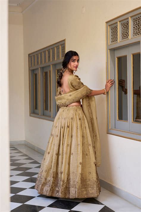 Off White Elegant Gold Crush Lehenga Set with Sequins