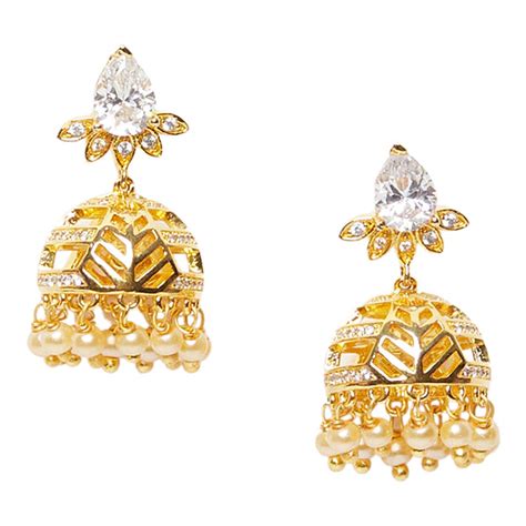 American Diamond CZ Traditional Gold Plated White Brass Jhumka Earring ...