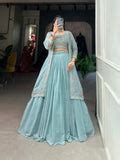 Shimmering Sky Blue Georgette Indo-Western Lehenga Set with