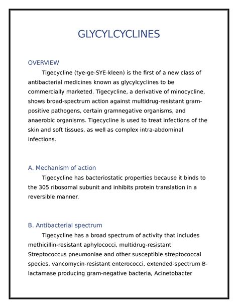 Brief NOTE ON Glycylcyclines - GLYCYLCYCLINES OVERVIEW Tigecycline (tye ...