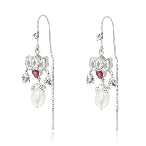 Buy SILVER WHITE LOTUS SUI DHAGA EARRING - Unniyarcha – Unniyarcha