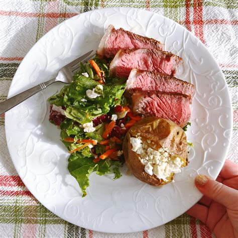 Strip steak, baked potato, side salad with feta. Simple but tasty. : r ...