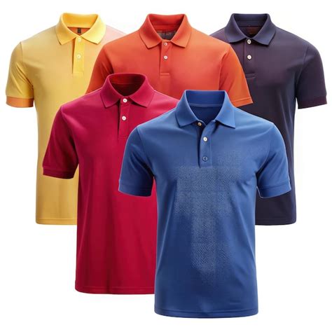 Collection of five polo shirts in various colors displayed for sale ...