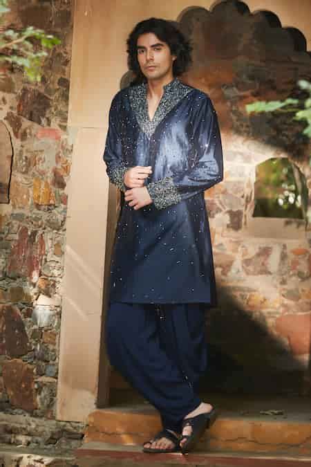 Buy Blue Kurta Chanderi Embroidered Sequin Iris With Dhoti Pant For Men ...
