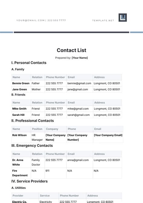Free Contact List Templates, Editable and Printable