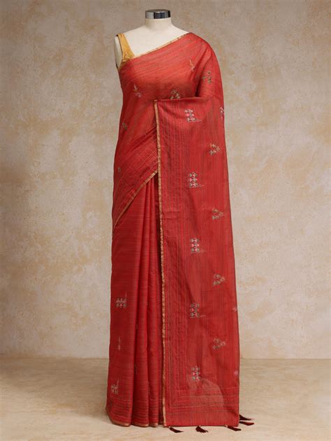 Shop Terracotta Red Kantha Embroidered Cotton Saree – Binks