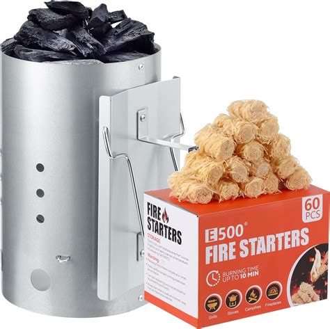 Amazon.com : E500 Larger Charcoal Chimney Starter with 60Pcs Charcoal ...