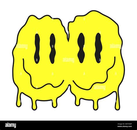 Groovy smiling faces vector. Retro doodle dripping emoji. Funny LSD, surreal, techno, melting ...