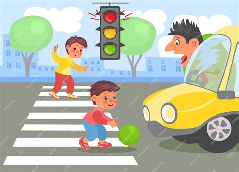 Violation road rules ball rolled out roadway boys play on highway car driver is stressed ...
