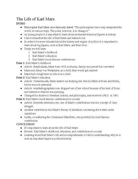 Example- Speaking Notes - The Life of Karl Marx INTRO Philosopher Karl Marx once famously stated ...