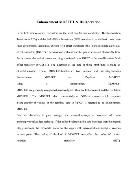 Enhancement Mosfet - It's tutorial work - Enhancement MOSFET & Its ...