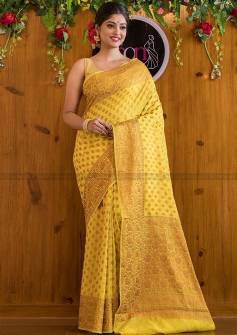 Precious and Mine Lemon Semi Khaddi Georgette Banarasi Saree – Monamaar