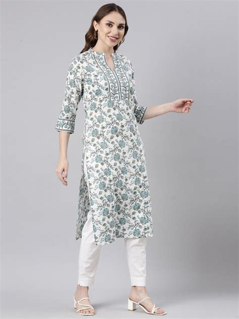 Neerus Turquoise Blue Regular Straight Floral Kurtas – Neerus India