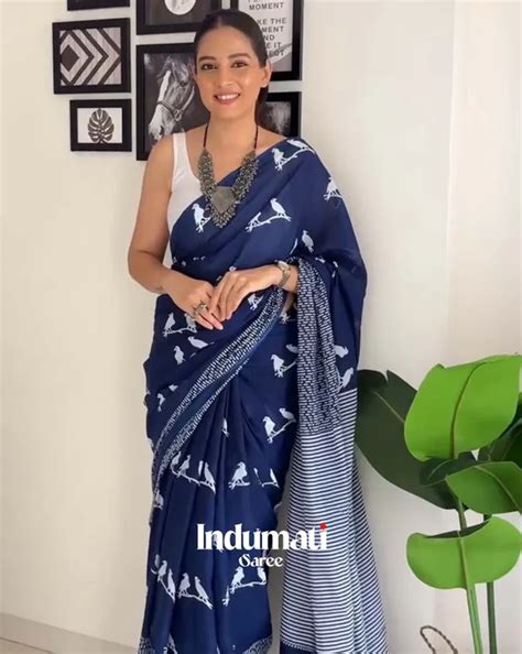 INDUMATISAREE Navy Mist - Navy Blue Linen Saree with White Blouse Piece ...