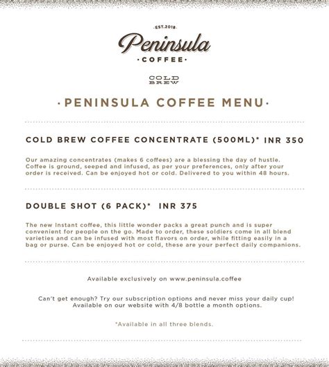 Menu at Peninsula Coffee, Gurugram