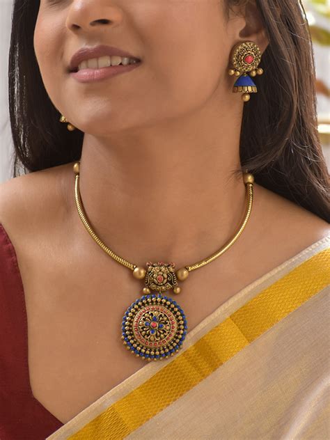 Terracotta Mandala Art Antique Round Pendant Necklace Set with Blue ...