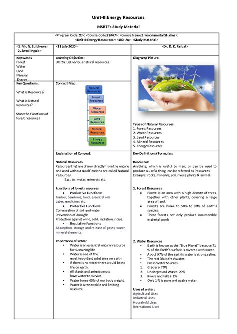 Unit II Energy Resources Notes: Understanding Natural Resources and ...