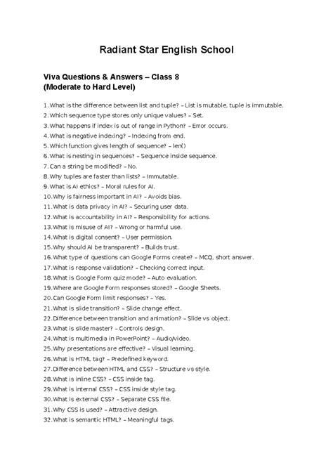 Class 8 Viva Questions & Answers (Moderate to Hard Level) - Studocu