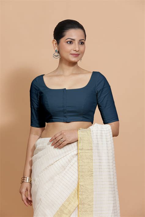 Elbow Sleeves Saree Blouse in Regal Blue Linen – Binks